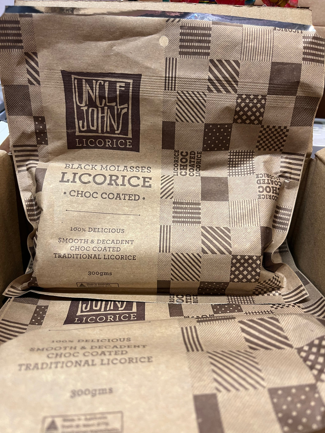Uncle Johns Chocolate Licorice Logs 300g bag